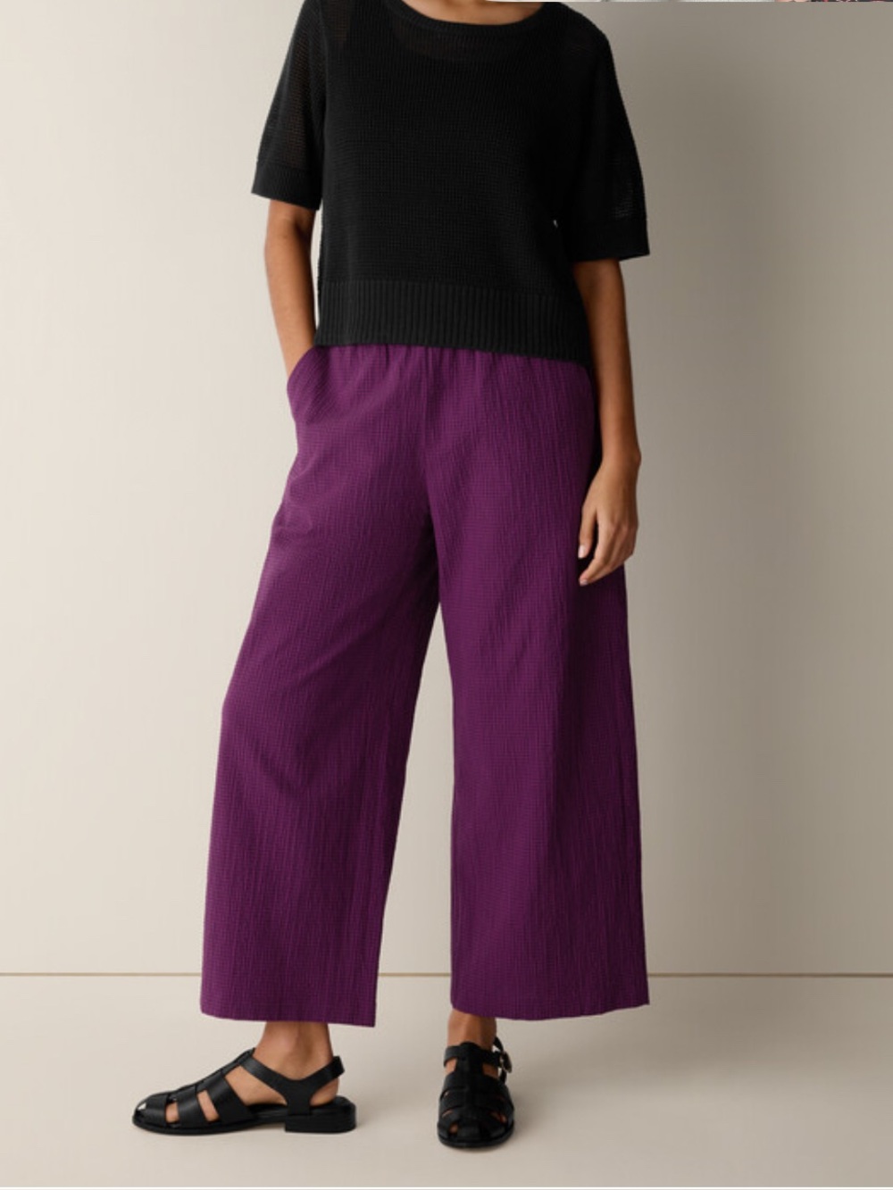 Organic Cotton Pucker Check Wide-Leg Pant Gauzy Pull On Ankle Length In Berry
